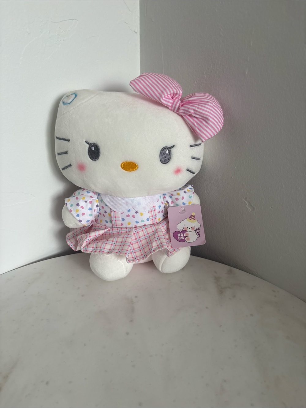 Hello Kitty Plush Toy in White and Pink Striped Bow